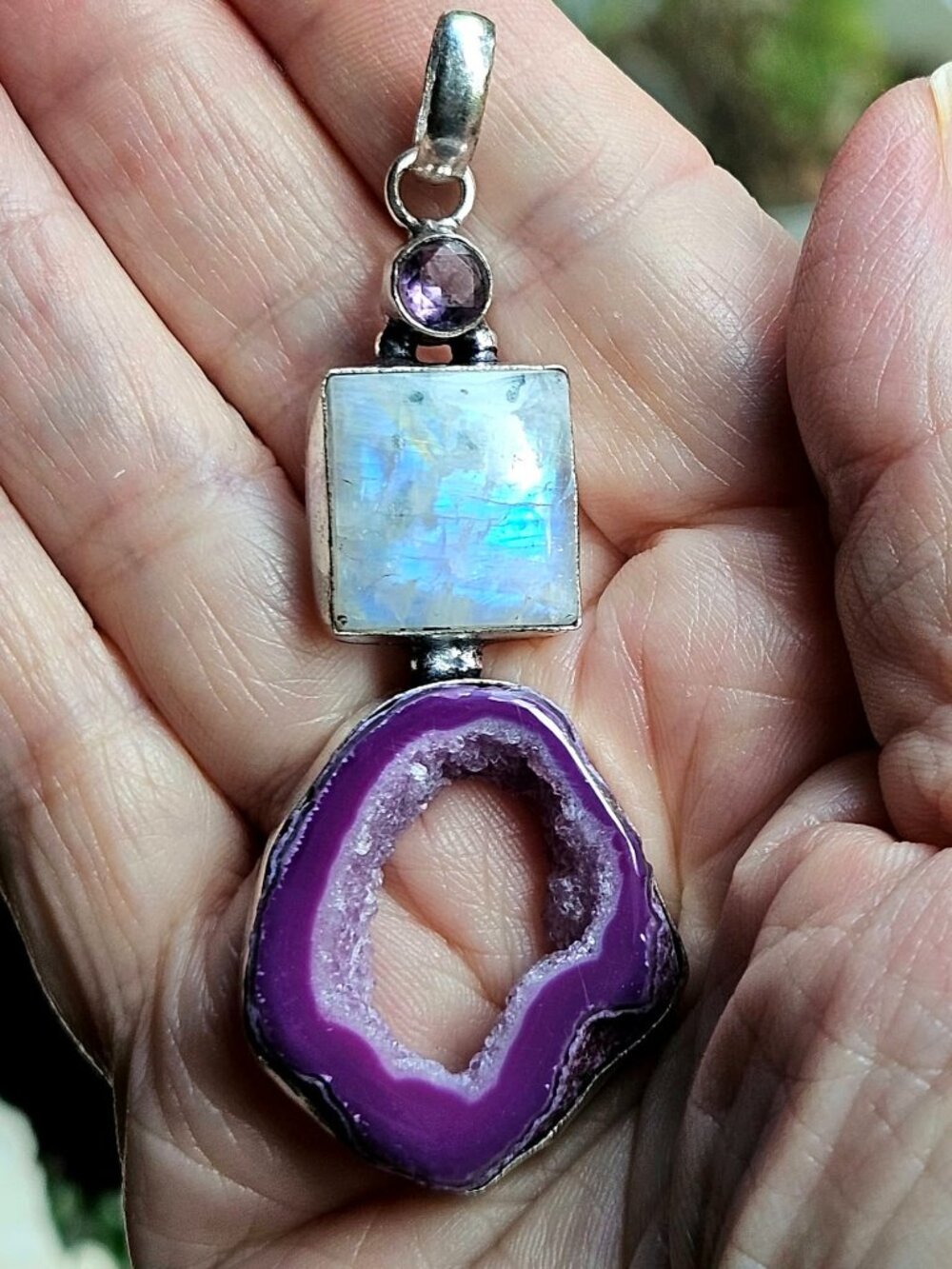 NWOT Geode Quartz Slice & Rainbow Moonstone Pendant .925 Sterling Overlay